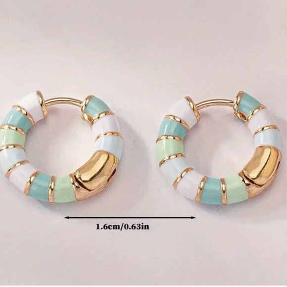 NWTs - Gold Plated Green, Blue & White Enamel Hoop Earrings - Picture 2 of 3